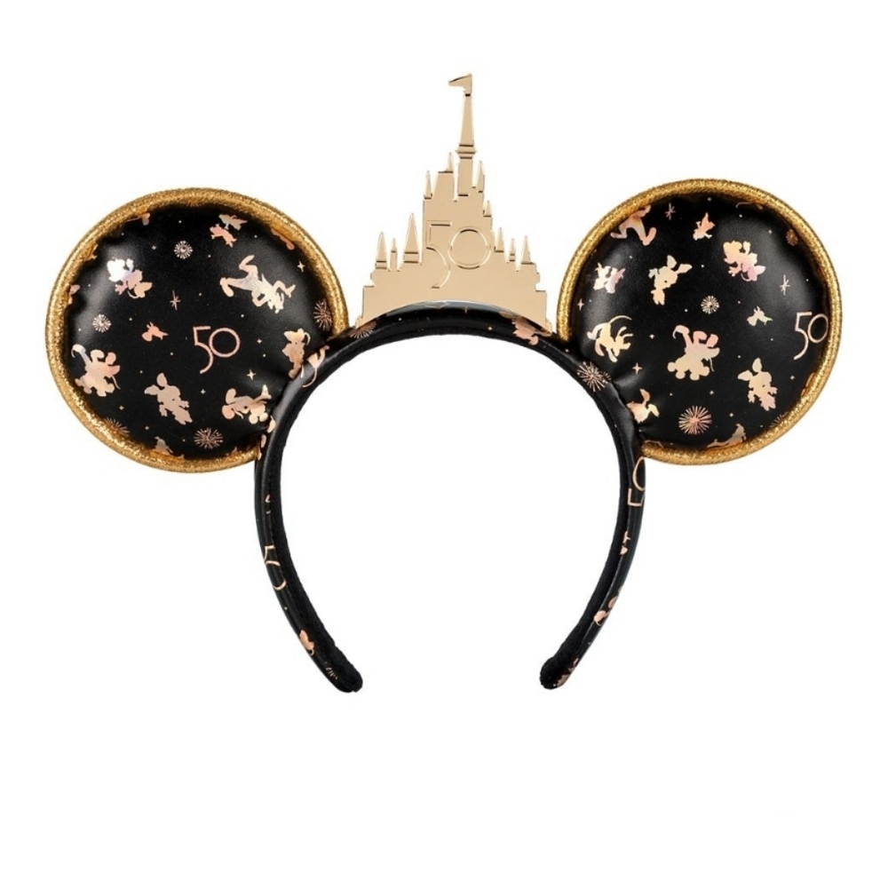 Walt Disney World 50th Anniversary Castle Gold Black Mouse Ear Headband Adult